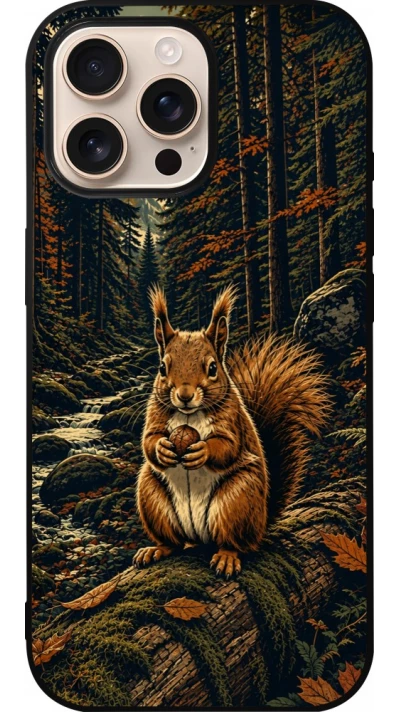 Coque iPhone 16 Pro Max - Silicone rigide noir Linocut Ecureuil