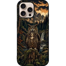 Coque iPhone 16 Pro Max - Silicone rigide noir Linocut Grand-Duc