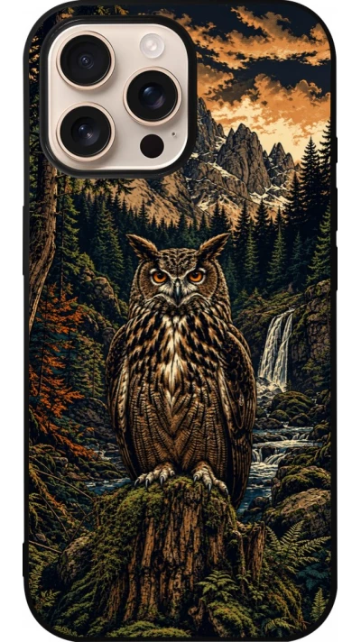 Coque iPhone 16 Pro Max - Silicone rigide noir Linocut Grand-Duc