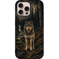 Coque iPhone 16 Pro Max - Silicone rigide noir Linocut Loup
