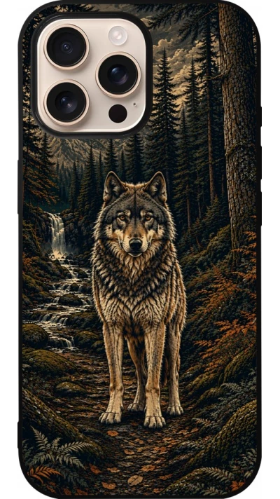 Coque iPhone 16 Pro Max - Silicone rigide noir Linocut Loup