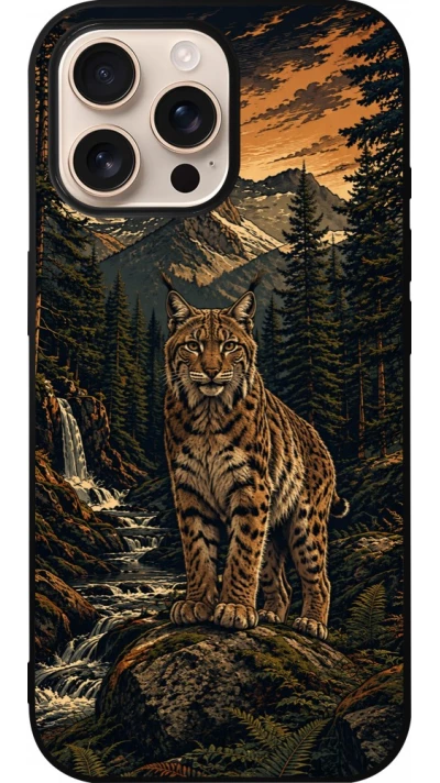 Coque iPhone 16 Pro Max - Silicone rigide noir Linocut Lynx
