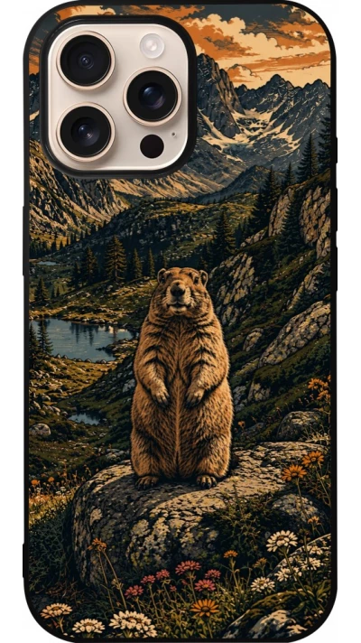 Coque iPhone 16 Pro Max - Silicone rigide noir Linocut Marmotte