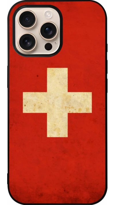 Coque iPhone 16 Pro Max - Silicone rigide noir Vintage Flag SWISS