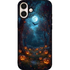 Coque iPhone 16 Plus - Silicone rigide noir Halloween 2026 Road of Pumpkins