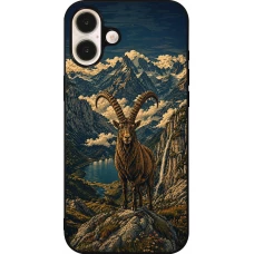 Coque iPhone 16 Plus - Silicone rigide noir Linocut Bouquetin