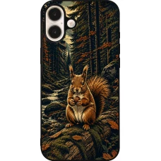 Coque iPhone 16 Plus - Silicone rigide noir Linocut Ecureuil