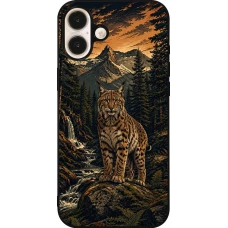 Coque iPhone 16 Plus - Silicone rigide noir Linocut Lynx