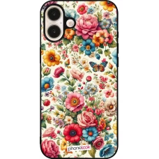 Coque iPhone 16 Plus - Silicone rigide noir Spring 25 printemps fleuri