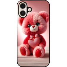 Coque iPhone 16 Plus - Silicone rigide noir Valentine 2024 Ourson rose