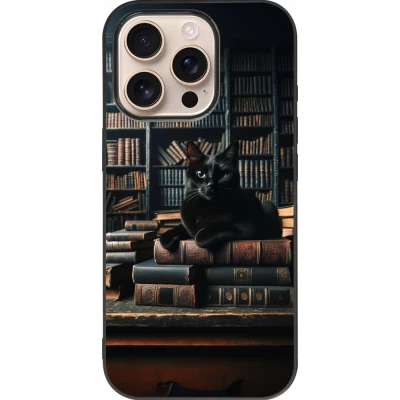 iPhone 16 Pro Case Hülle - Silikon schwarz Katze Bücher dunkel