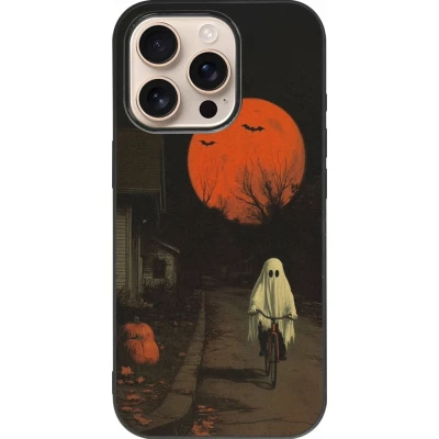 iPhone 16 Pro Case Hülle - Silikon schwarz Halloween 2025 Ghost on a bicycle