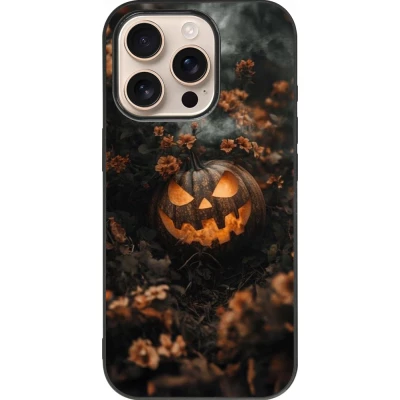 iPhone 16 Pro Case Hülle - Silikon schwarz Halloween 2025 Pumpkin with flowers