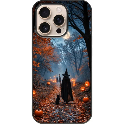 Coque iPhone 16 Pro - Silicone rigide noir Halloween 2026 Witch with a cat