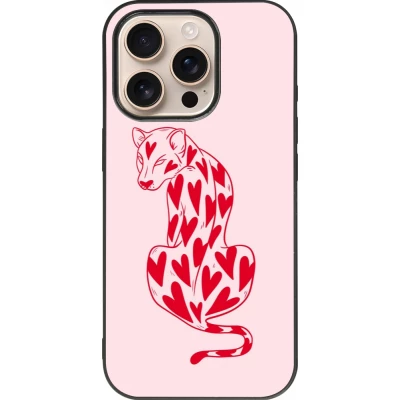 Coque iPhone 16 Pro - Silicone rigide noir Leopard with hearts 2026