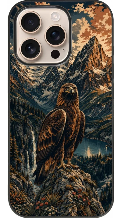 Coque iPhone 16 Pro - Silicone rigide noir Linocut Aigle Royal