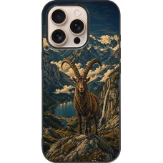 Coque iPhone 16 Pro - Silicone rigide noir Linocut Bouquetin