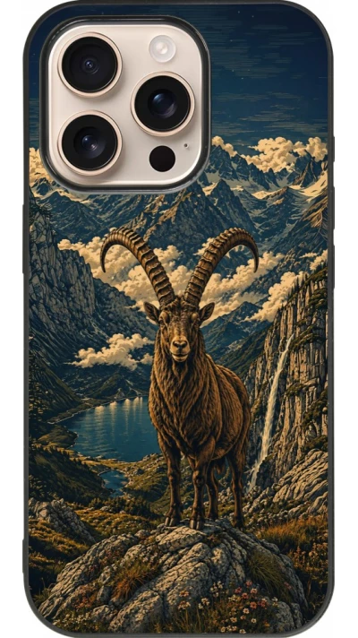 Coque iPhone 16 Pro - Silicone rigide noir Linocut Bouquetin