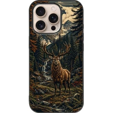 Coque iPhone 16 Pro - Silicone rigide noir Linocut Cerf
