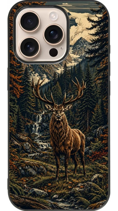 Coque iPhone 16 Pro - Silicone rigide noir Linocut Cerf