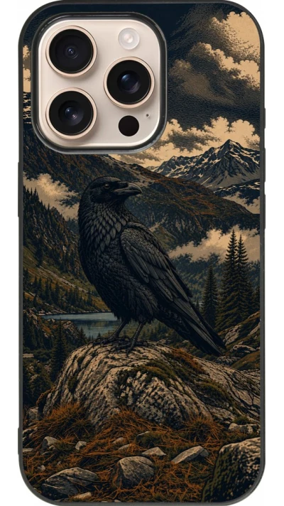 Coque iPhone 16 Pro - Silicone rigide noir Linocut Grand Corbeau