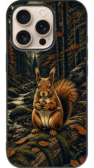 Coque iPhone 16 Pro - Silicone rigide noir Linocut Ecureuil