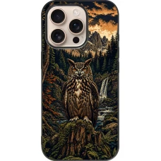 Coque iPhone 16 Pro - Silicone rigide noir Linocut Grand-Duc