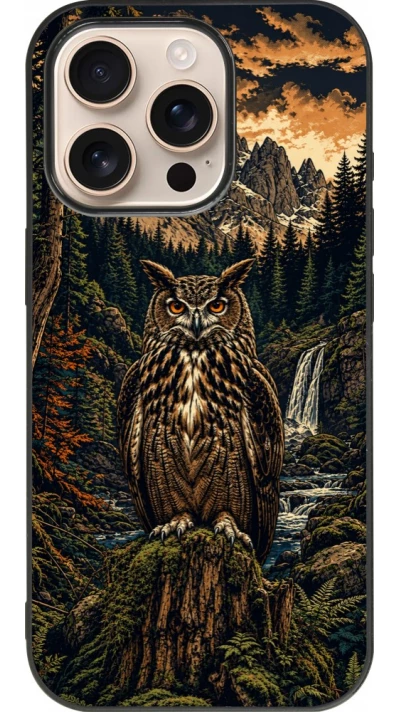Coque iPhone 16 Pro - Silicone rigide noir Linocut Grand-Duc