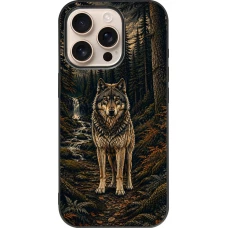 Coque iPhone 16 Pro - Silicone rigide noir Linocut Loup