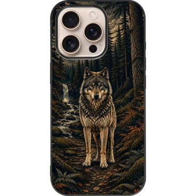 Coque iPhone 16 Pro - Silicone rigide noir Linocut Loup
