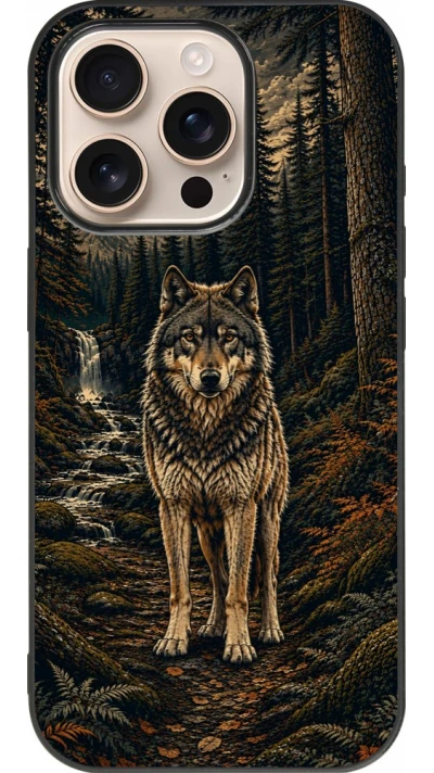 Coque iPhone 16 Pro - Silicone rigide noir Linocut Loup