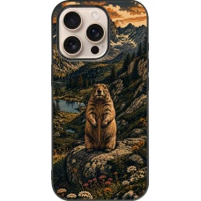Coque iPhone 16 Pro - Silicone rigide noir Linocut Marmotte