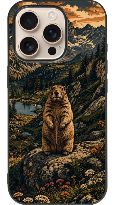 Coque iPhone 16 Pro - Silicone rigide noir Linocut Marmotte