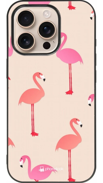 iPhone 16 Pro Case Hülle - Silikon schwarz Pink Flamingos Pattern