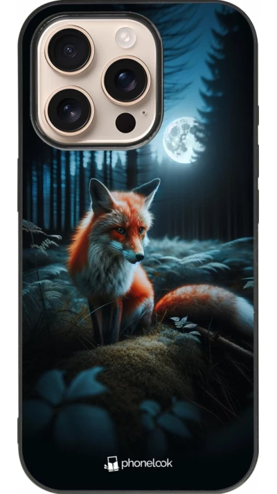Coque iPhone 16 Pro - Silicone rigide noir Renard lune forêt