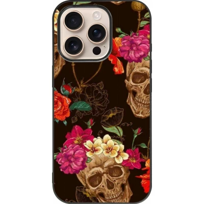 iPhone 16 Pro Case Hülle - Silikon schwarz Skulls and flowers