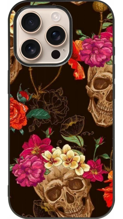 iPhone 16 Pro Case Hülle - Silikon schwarz Skulls and flowers