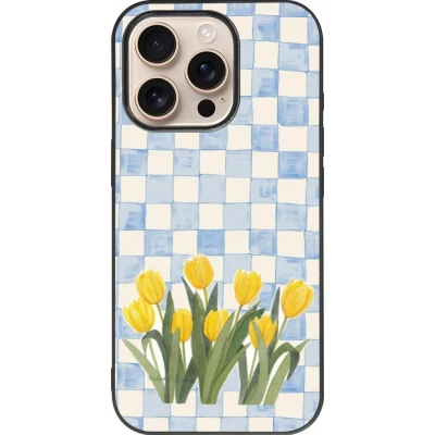 Coque iPhone 16 Pro - Silicone rigide noir Blue vichy tulips Spring 2026