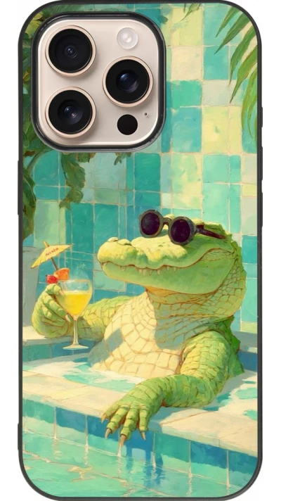 Coque iPhone 16 Pro - Silicone rigide noir Crocodile in the swimming pool Summer 2026