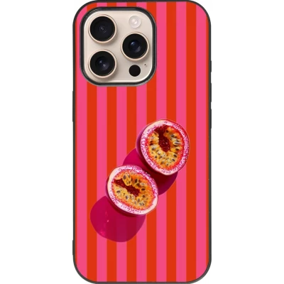 Coque iPhone 16 Pro - Silicone rigide noir Passion fruit Summer 2026