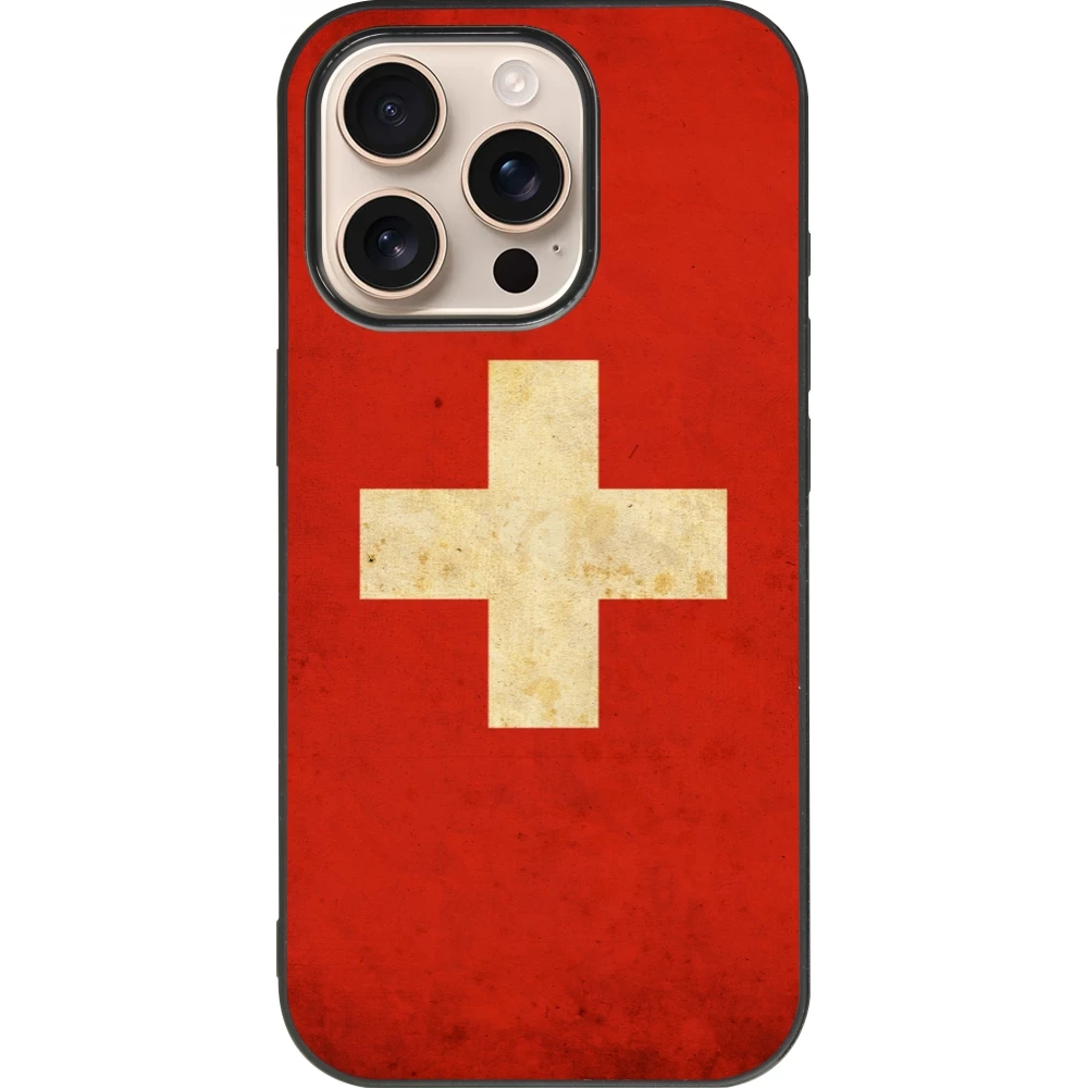 Coque iPhone 16 Pro - Silicone rigide noir Vintage Flag SWISS