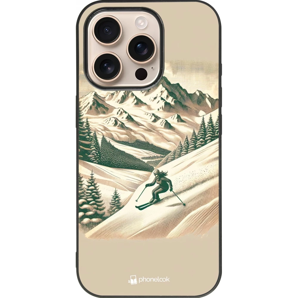 Coque iPhone 16 Pro - Silicone rigide noir Vintage Ski Mountain