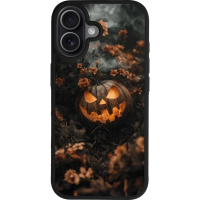 Coque iPhone 17 - Silicone rigide noir Halloween 2025 Pumpkin with flowers