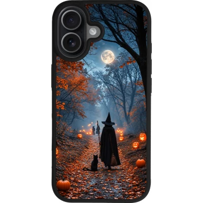 Coque iPhone 17 - Silicone rigide noir Halloween 2026 Witch with a cat
