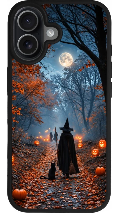 Coque iPhone 17 - Silicone rigide noir Halloween 2026 Witch with a cat