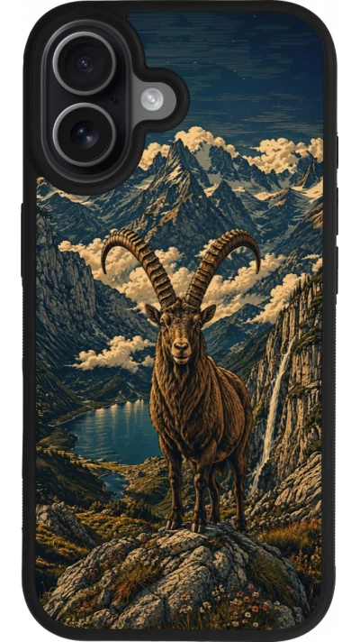 Coque iPhone 17 - Silicone rigide noir Linocut Bouquetin