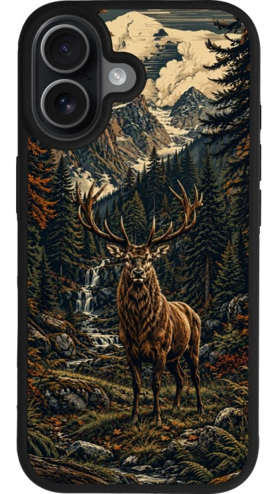 Coque iPhone 17 - Silicone rigide noir Linocut Cerf