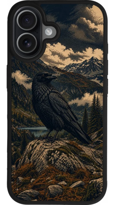 Coque iPhone 17 - Silicone rigide noir Linocut Grand Corbeau
