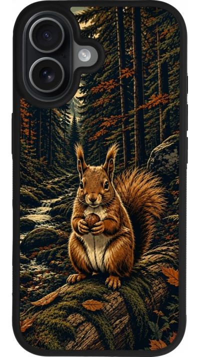 Coque iPhone 17 - Silicone rigide noir Linocut Ecureuil
