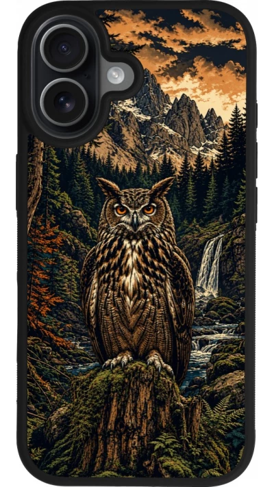 Coque iPhone 17 - Silicone rigide noir Linocut Grand-Duc